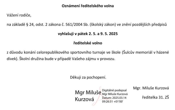 Oznámení ředitelského volna 2025